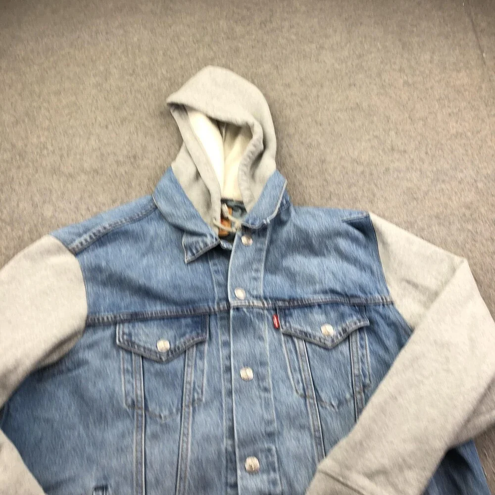 Levi's Jacket Mens XL Blue Denim Hooded Button Front Varsity Casual Relaxed Fit